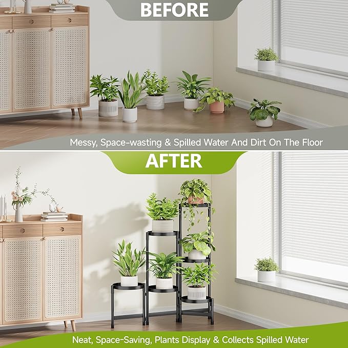 6 Tier Plant Stand Indoor, Tiered Plant Stand Outdoor for Multiple Plants, Corner Plant Shelf for Patio Balcony Porch Garden Living Room House, Black