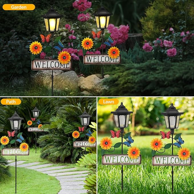 Lewondr Solar Garden Lights Butterfly, 37.4 Inch Solar Lamp Post Light with Welcome Sign & Butterflies, Outdoor Waterproof Solar Stake Lights for Yard Porch Patio Pathway Gardening Gifts, 2 Pack