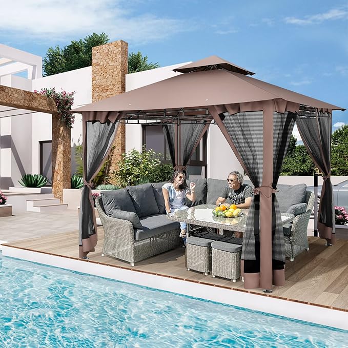COBIZI Gazebo 10x10 Heavy Duty Gazebos with Improved Nettings Outdoor Gazebo Double Roof Patio Gazebos with Metal Steel Frame Outdoor Canopy for Patio, Deck, Backyard-Brown