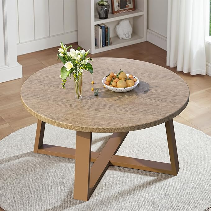 Indoor Round Coffee Table with 35.5” Woodgrain Finish Table Top, Outdoor Metal Modern Side Table 125lbs for Backyard Porch Balcony Living Room, Brown