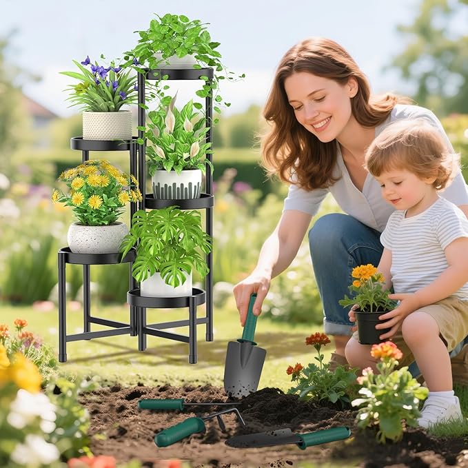 iDavosic.ly Plant Stand with Garden Tools, 5 Tier Corner Metal Flower Display Holder Shelf Indoor Outdoor, Easy Assembly Folding Tall Orchid Rack for Patio Balcony Porch Living Room House, Black