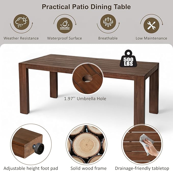 Merax 7-Piece Patio Dining Table Set,Outdoor Furniture Set with 72.8" Rectangle Table & 6 Chairs,Adjustable Leveling Feet,Umbrella Hole for Backyard,Garden,Poolside,Brown+ Beige