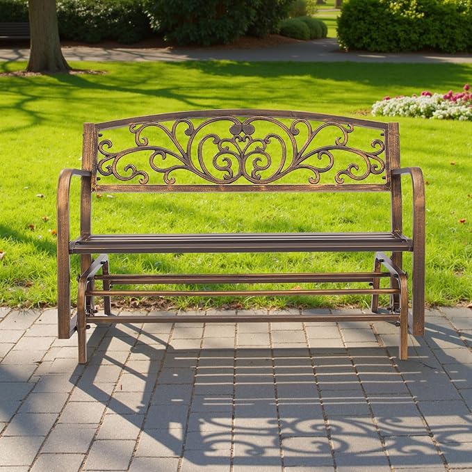 VEVOR Outdoor Bench, 50 inch, Carbon Steel Metal Frame with Cast Iron Backrest and Round Edge Armrests, Weatherproof Outside Glider Bench for Patio, Garden, Park, Yard, Front Porch, Antique Bronze
