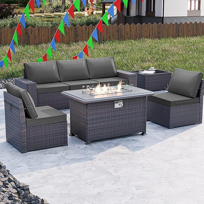 Kullavik 7 Pieces Outdoor Patio Furniture Set with 43" 55000BTU Gas Propane Fire Pit Table PE Wicker Rattan Sectional Sofa Patio Conversation Sets,Grey