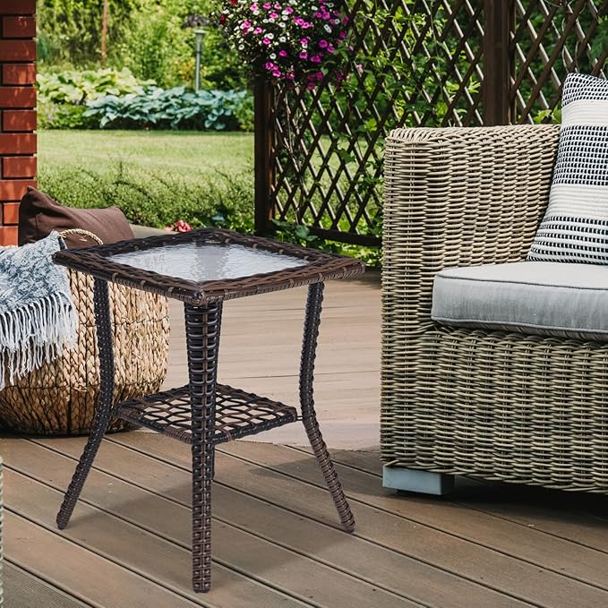 VINGLI Outdoor Side Table with Storage Wicker Patio Side Table, Tempered Glass Top End Table for Balcony Porch Deck (Brown)