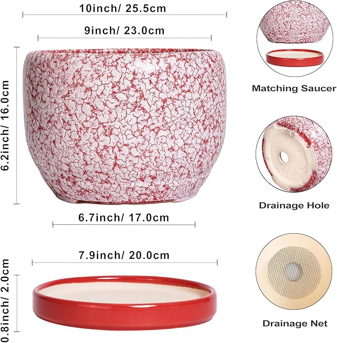 SQOWL Ceramic Planters for Indoor Plants - 10 Inch Flower Pots with Drainage Hole and Saucer, Decorative Ceramic Plant Pots, Round Large Planter Outdoor, Room Decor, Housewarming Gifts, Red and White