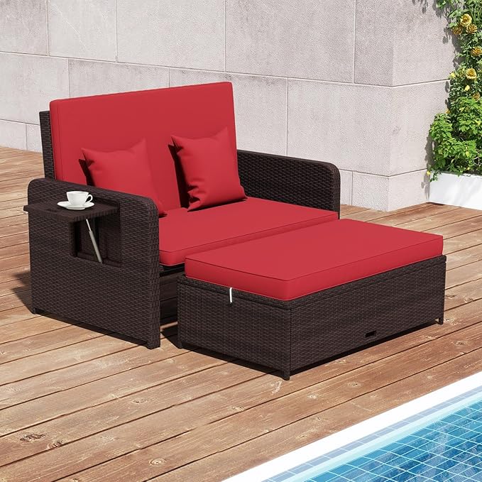 Nightcore Wicker Patio Outdoor Daybed, Outdoor Chaise Lounger w/ 4-Level Adjustable Backrest, Retractable Side Trays, Storage Ottoman, Comfortable & Removable Cushions, Rattan Loveseat (Red)