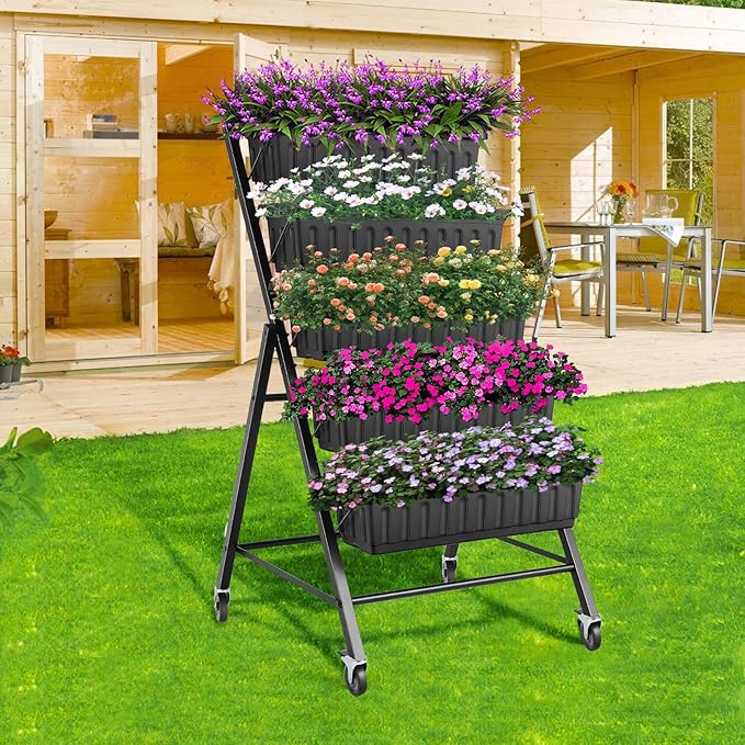 Suyncll Vertical Raised Garden Bed Planter Box, 5 Tiers Vertical Garden Planter with Drainage System and 4 Hooks for Plants Vegetables Flowers (Black with Wheels)