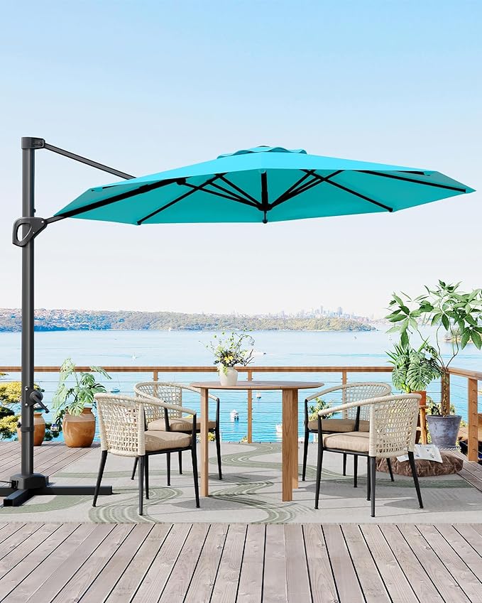 GarveeLife 10 ft Patio Umbrella Outdoor Large Cantilever Umbrella w/Base Included Market Sun Shade Windproof Offset Umbrella with 360-Degree Rotation for Garden Deck Pool Patio, Turquoise Blue
