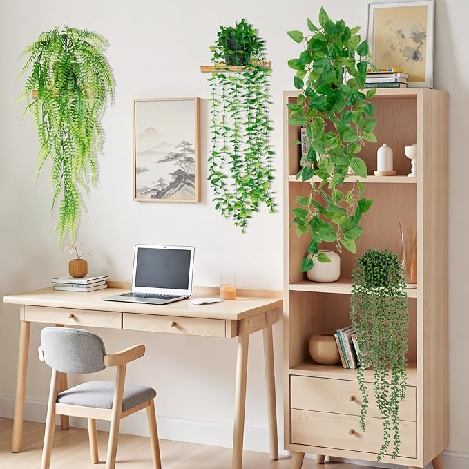 4 Pack Artificial Plants Wall Hanging Fake Plants Indoor for Shelf Boho Faux Eucalyptus Ivy Vine House Plants for Living Room Wall Backdrop Outdoor Decor