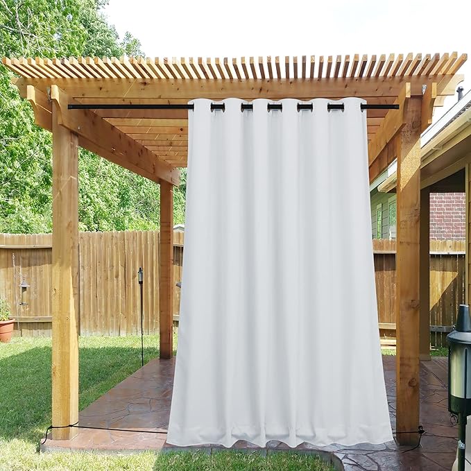 NICETOWN 2 Panels Outdoor Curtains for Patio Waterproof & Windproof, Grommet & Back Tab on Top & Bottom Weighted Drapes Keep Sun/Rain Out with Bouns Rope for Deck, Greyish White, W84 x L84