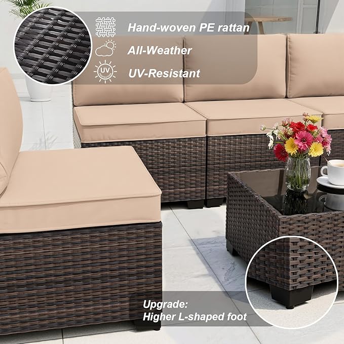 ALAULM 10 Pieces Patio Furniture Set with Propane Fire Pit Table Outdoor Sectional Sofas Patio Conversation Sets 43" Gas Fire Pit Brown PE Rattan Wicker w/8 Seat Cushions-Sand