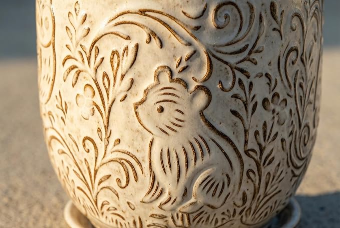 Decorative Ceramic Planter Pot with Saucer, Brown with Gold and Silver Owl Pattern, Indoor Garden Container with Drainage (White, 6 inch)