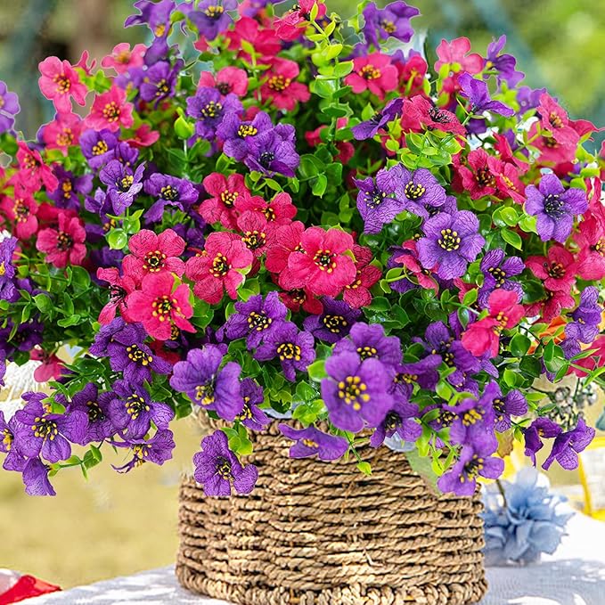 Artificial Flowers for Outdoor, UV Resistant Fake Silk Flowers, Realistic Faux Plants for Outside Indoor Porch Patio Window Box Planter Home Decor (20, Purple Rosy)