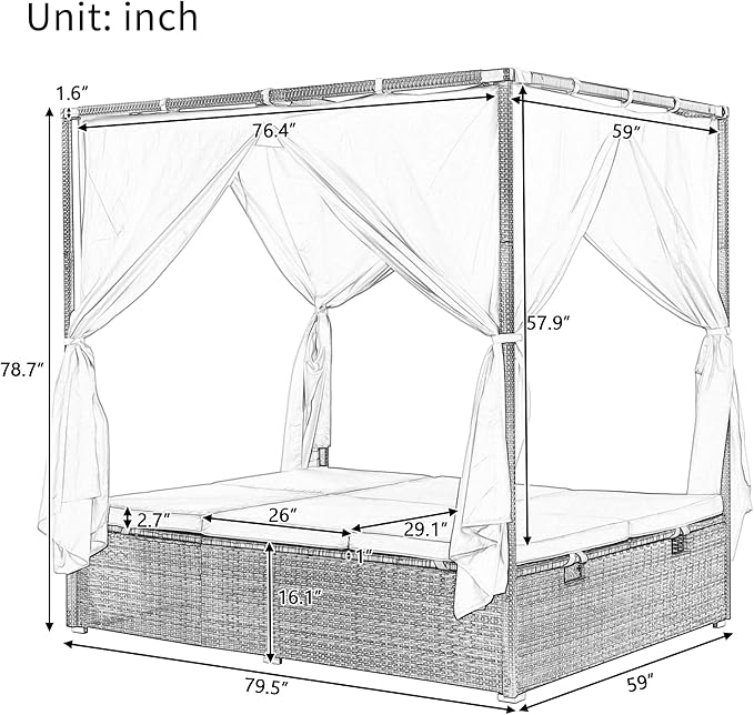 Patio Chaise Lounge, Gray PE Rattan Outdoor Patio Wicker Sunbed Daybed with Adjustable Seats, Four-sided Canopy, Overhead Curtain and Blue Cushions for Backyard, Garden, Poolside (for 2-6 people)