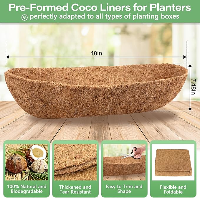 Legigo 2 Pack Trough Coco Liner for Planters- 48 Inch Window Box Liners Coconut Coir Basket Liners, Planter Box Coconut Liner for Window Flower Box Pots, Fence Trough Planter, Wall Planter Basket