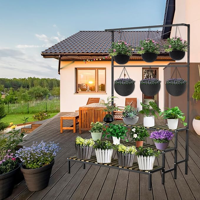 Large Plant Stand Indoor Outdoor, 3 Tier Heavy Duty Hanging Plant Stand with Bar, 60 Inch Tall Metal & Wood Ladder Shape Plant Shelf, Black Plant Display Rack Plant Shelves for Garden Patio Balcony