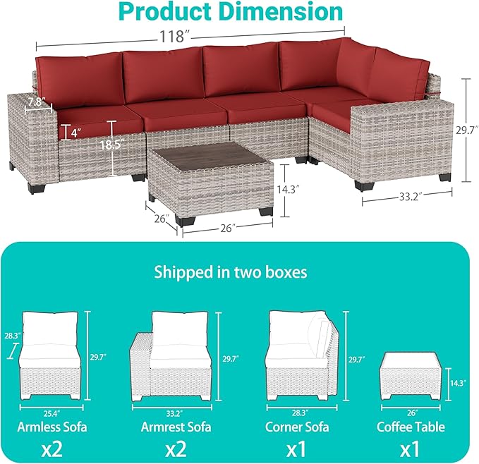 6-Piece Outdoor Patio Furniture Set Wicker Sectional Sofa Set, Patio Conversation Set with Thickened Cushions & Coffee Table for Garden, Backyard, Poolside, Red