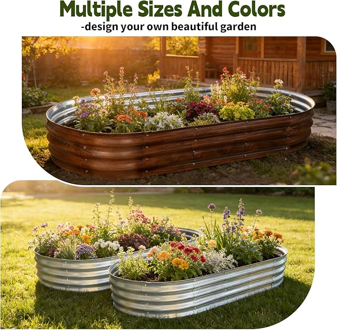 Galvanized Raised Garden Bed Outdoor, Large Raised Bed for Gardening, 2Pcs 6x3x1ft Oval Metal Planter Box for Vegetables, Fruits, Flowers, Dark Brown Wood Grain