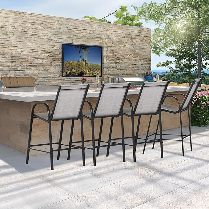 HOMREST Outdoor Bar Height Stools Set of 4,High Back Patio Chairs with Armrests,Textilene Chairs with Breathable Fabric & Metal Frame for All Weather,Light Grey