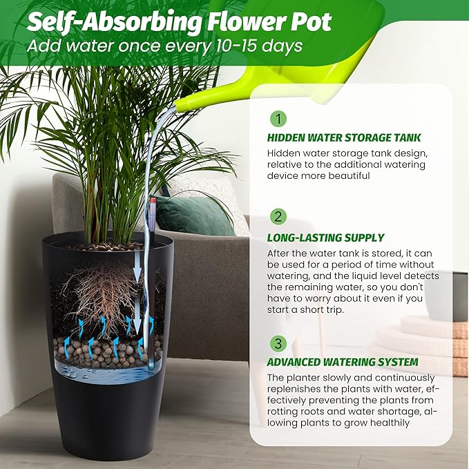 GarveeLife Set of 2 Tall Planters for Outdoor Plants, 22 in Large Planters for Outdoor Indoor Plants with Water Level Monitor ＆ Inner Bucket, Automatic Watering, for Porch, Patio, Backyard, Black