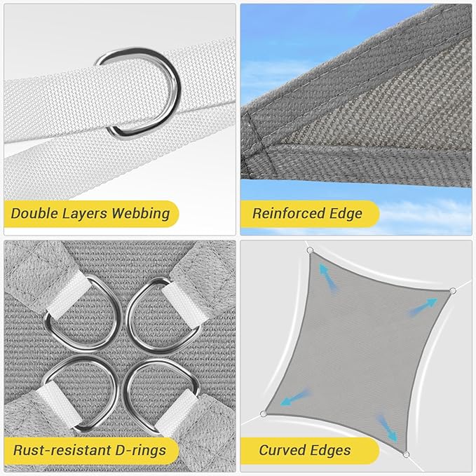 HappyTrends Sun Shade Sail,Heavy Duty UV Protection Beach Shade Canopy Wind sail,Tear and Rust Resistant Patio sail Shade for Yard Deck Lawn Garden Rectangle Sunshade(12'x 16',Grey)