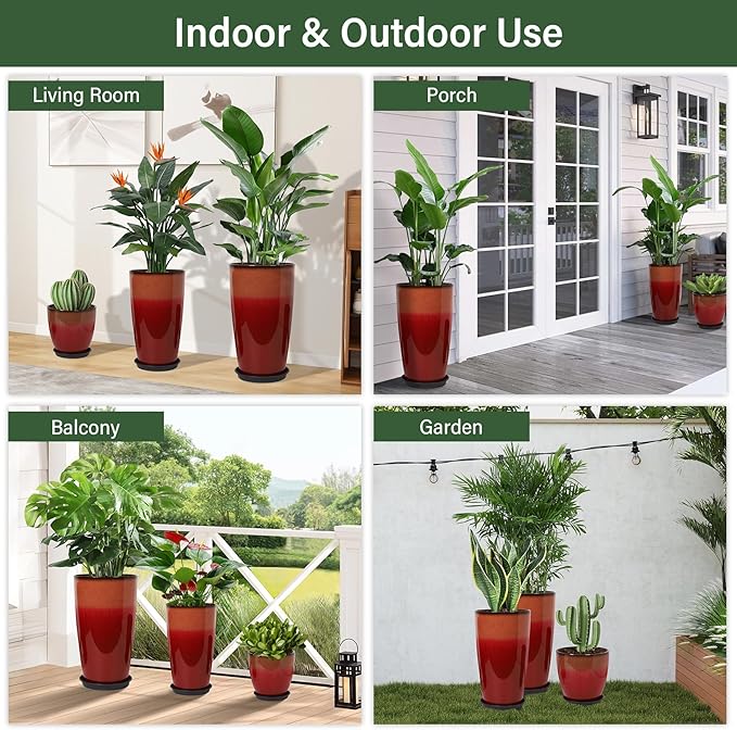 24/21/12 Inch Large Plastic Planter, Lightweight Ceramic-Look Tall Planters with Drain Hole & Saucers, Tall Plastic Planters for Porch, Garden, Patio, Balcony(Fiery Red)