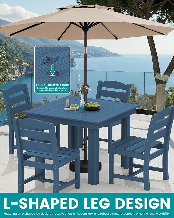 SERWALL Outdoor Dining Set for 4, HDPE Square Table and Chairs Set All Weather Patio Dining Set with 4 Armless Chairs for Patio, Blue