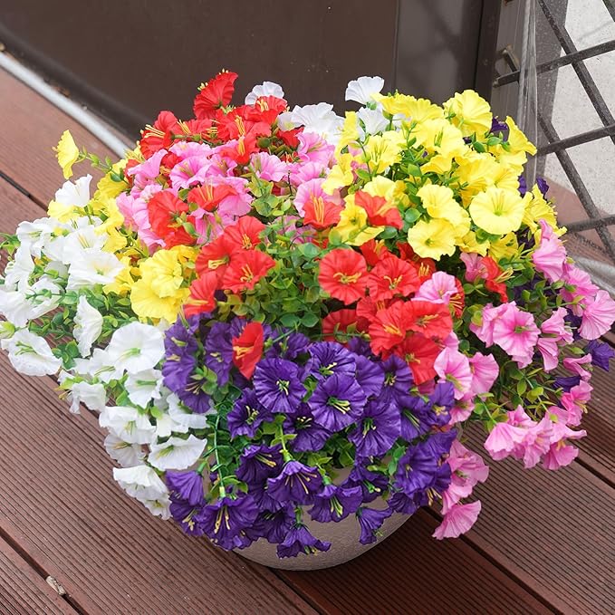 Artificial Flowers for Outdoors, UV Resistant Fake Silk Morning Glory, Realistic Faux Plants for Outside Porch Patio Window Box Hanging Planter (12, Purple White Yellow Pink Red)