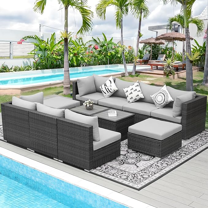 NICESOUL 11 Piece Modern Outdoor Furniture Sofa Set, 29.3'' High Back Comfy Sectional L-Shaped, Extra Large Wicker Patio Sofa Couches for 9 Person, Deep Wide Seating All-Weather Conversations, Grey