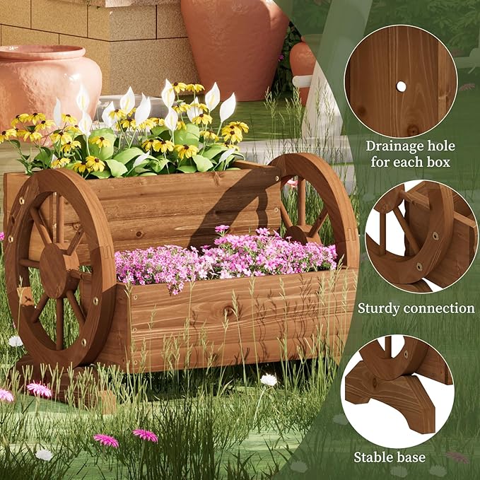 Wooden Wagon Planter Flower Cart with Wheels Garden Box Garden Planter, Decorative Planter for Flowers Herbs Vegetables for Indoor & Outdoor Décor Flower Cart for Patio Garden Balcony (Brown)
