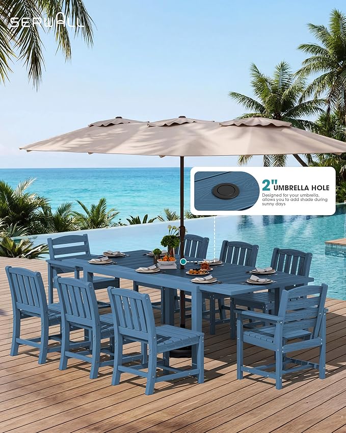 SERWALL 11-Piece Outdoor Dining Set, 60" - 83" Expandable Outdoor Dining Table and 10 HDPE Chairs, All Weather HDPE Outdoor Furniture Set for Backyard, Garden, Blue