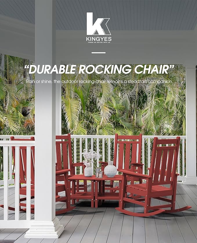 KINGYES Oversized Outdoor Rocking Chair, All-Weather Patio Rocking Chairs for Porch, HDPE Outdoor Patio Rockers with High Back & Wide Seat for Garden, Lawn, Red
