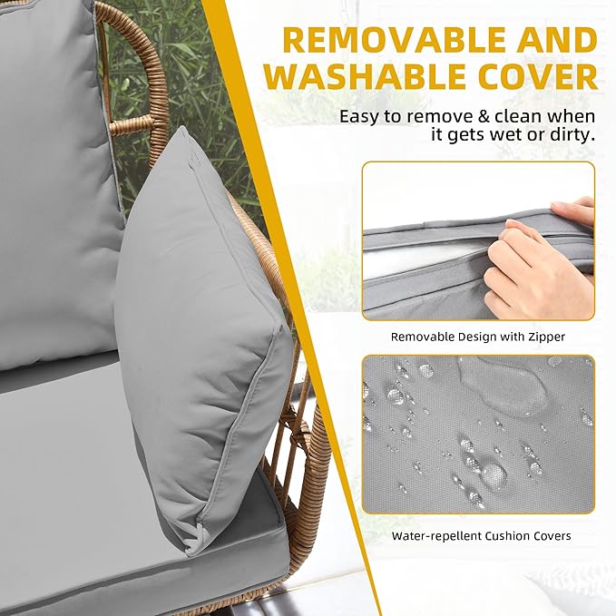 DWVO Patio Furniture Set 4 Pieces Boho Wicker Bistro Set, All Weather Outdoor Rattan Conversation Set with Loveseat Chairs Table Soft Cushions for Backyard, Pool, Garden - Grey