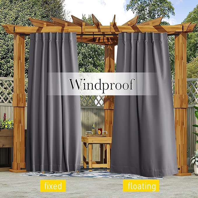 NICETOWN 2 Panels Grey Outdoor Curtains Waterproof Extra Long for Patio, Windproof Top & Bottom Pocket & Back Tab Weighted Blackout Outdoor Drapes Keep Privacy with Rope for Fixed, W52 x L108