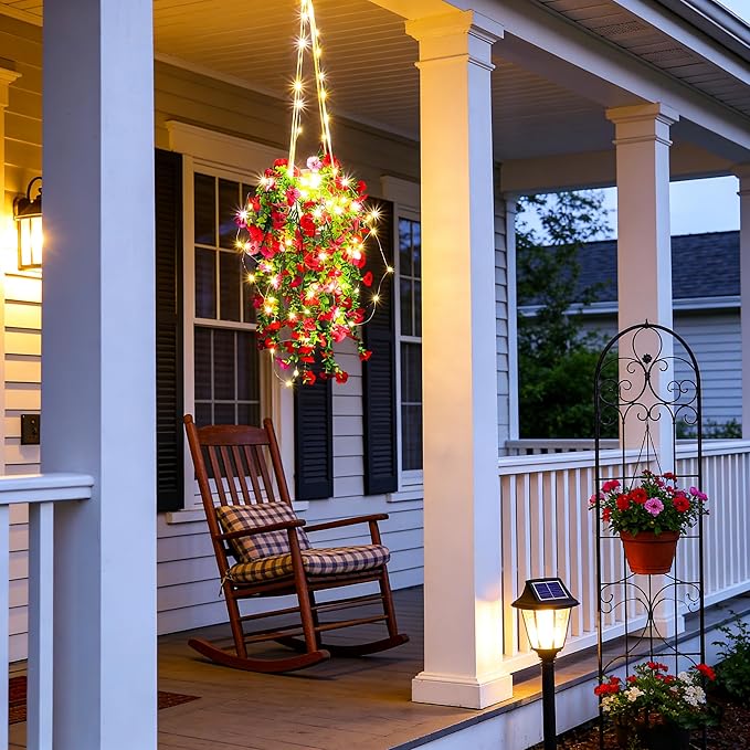 Comtelek Artificial Flowers for Outdoors Fake Hanging Plants with Lights, 4pcs Silk Flowers UV Resistant Realistic Hanging Planter Faux Flower for Outside Porch Patio Home Garden Yard Decor