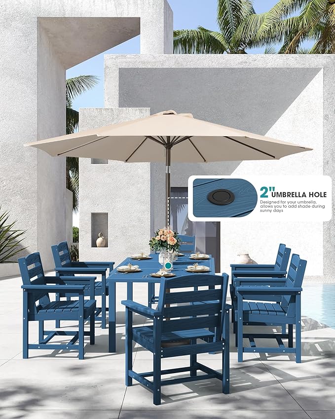 SERWALL 9-Piece Outdoor Dining Set, 60" - 83" Expandable Outdoor Dining Table and 8 HDPE Chairs, All Weather HDPE Outdoor Furniture Set for Backyard, Garden, Blue