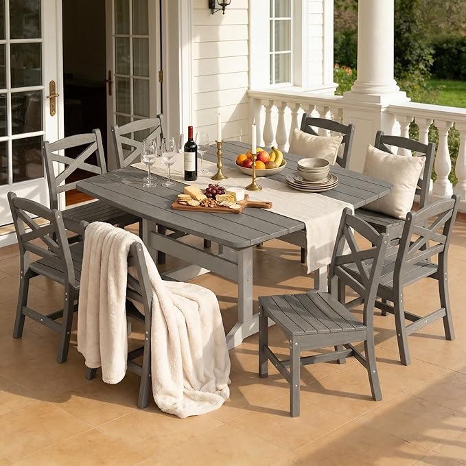 9-Piece Patio Dining Table Set, HDPE Outdoor Table and Chairs Set, All-Weather Outdoor Dining Set for 8 with Umbrella Hole, Durable Patio Furniture Set with Chairs,White Grey