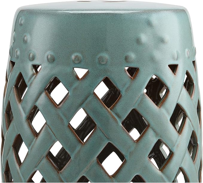 Outsunny 13" x 18" Ceramic Garden Stool with Woven Lattice Design & Glazed Strong Materials Decorative Outdoor Stool, Antique Blue