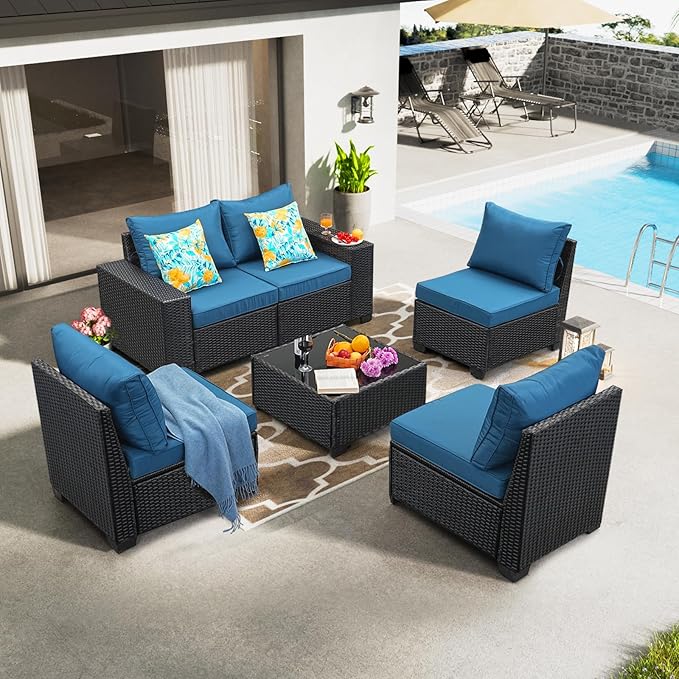 6 Pieces Patio Furniture Set All-Weather Outdoor Wicker Sectional Conversation Sofa Rattan Patio Seating Sofa with Cushion and Glass Table for Porch Poolside,Peacock Blue