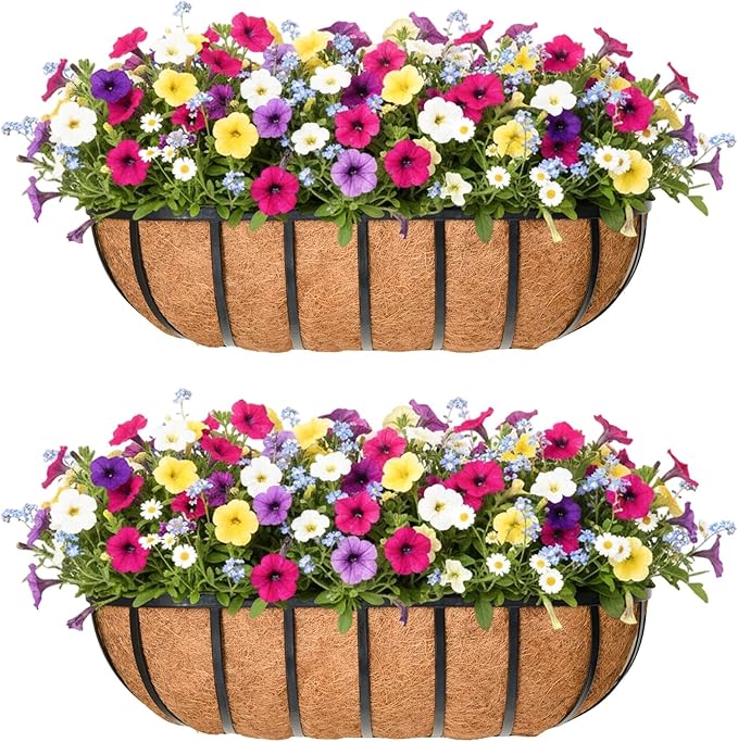 36'' Window Box Railing Planter with Coco Liner,2 Pack Horse Trough Planters Black Metal Hanging Flower Planters Basket for Porch Fence Patio Indoor Outdoor Lawn