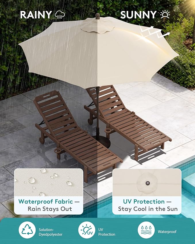 SERWALL Outdoor Chaise Lounge Set of 2 with 9FT Umbrella, HDPE Pool Lounge Chair with 5-Position Adjustable Backrest, Patio Lounger with Rolling Wheels & Cup Holder for Pool, Brown