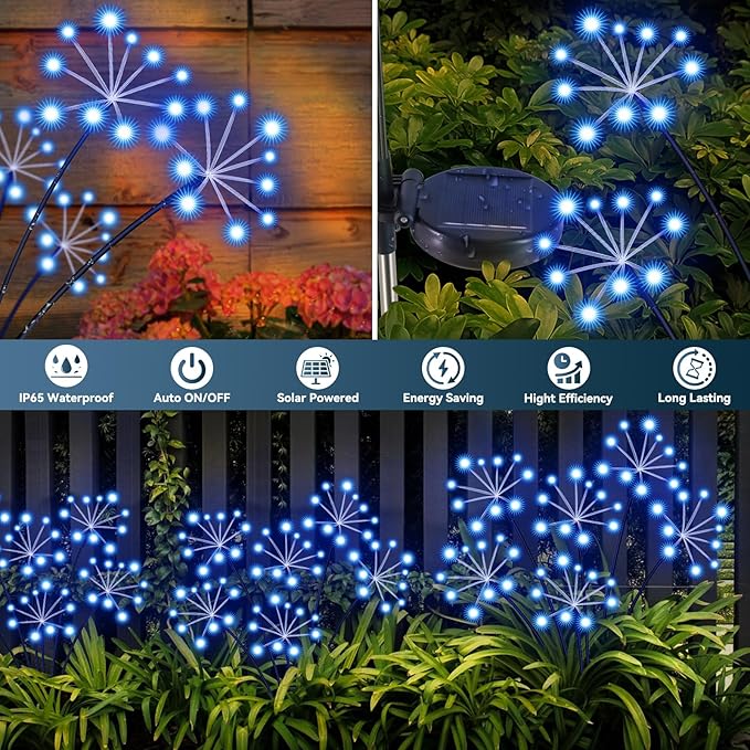 Solar Garden Lights 2 Pack Waterproof Swaying Starburst Light Solar Outdoor Lights for Yard Patio Walkway Pathway Party Wedding Decoration, Unique Gifts for Women, Blue