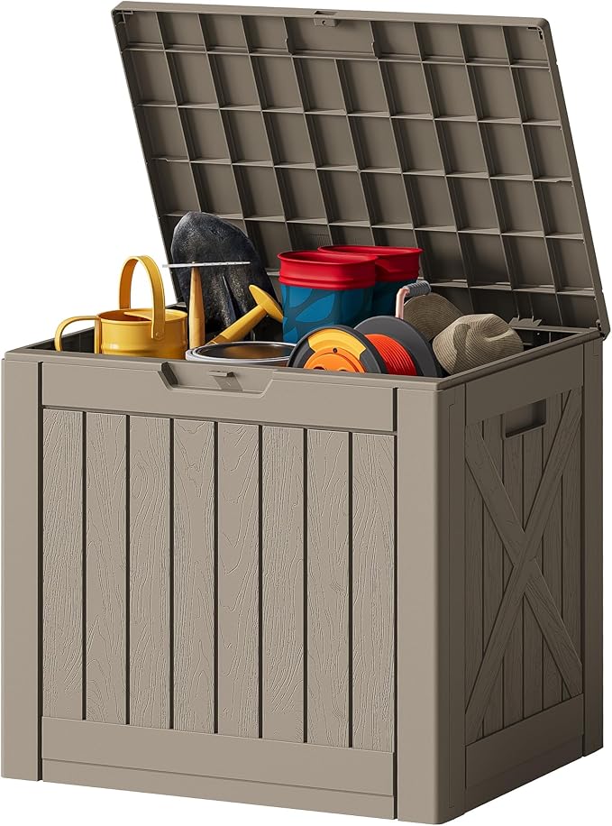 JUMMICO 42 Gallon Deck Box Waterproof, Resin Outdoor Storage Box with Side Handles, Outdoor Storage Benches Lockable for Patio Cushions and Garden Tools (Light Brown)