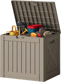JUMMICO 42 Gallon Deck Box Waterproof, Resin Outdoor Storage Box with Side Handles, Outdoor Storage Benches Lockable for Patio Cushions and Garden Tools (Light Brown)