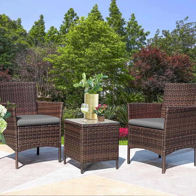 Greesum 3 Pieces Patio Furniture Sets Outdoor PE Rattan Wicker Chairs with Soft Cushion and Glass Coffee Table for Garden Backyard Porch Poolside, Brown and Gray
