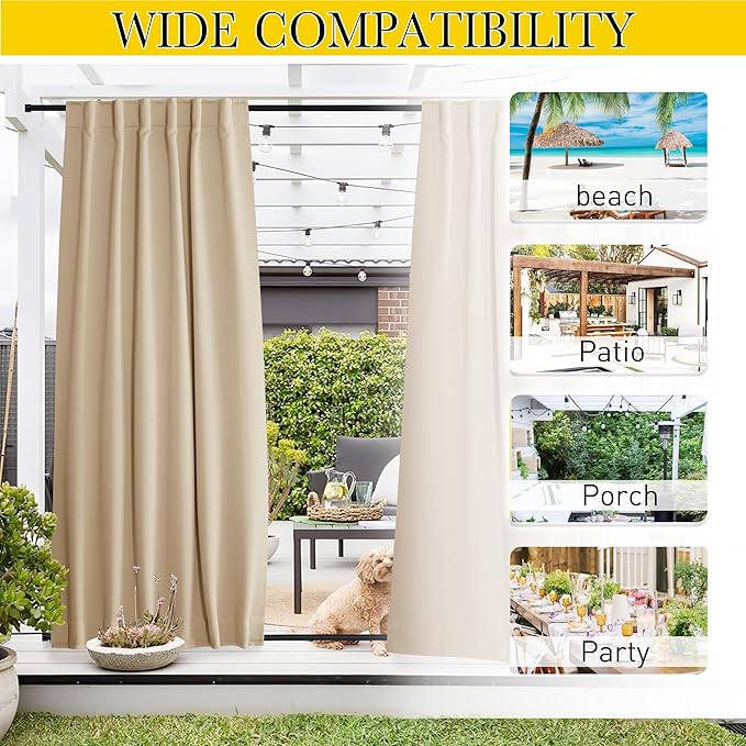 NICETOWN 2 Panels Outdoor Curtains for Patio Waterproof, Top & Bottom Fixed Waterproof Outdoor Drapes with Free Rope, Privacy Sun Blocking Shades for Gazebo, Pergolas, Biscotti Beige, W52 x L84