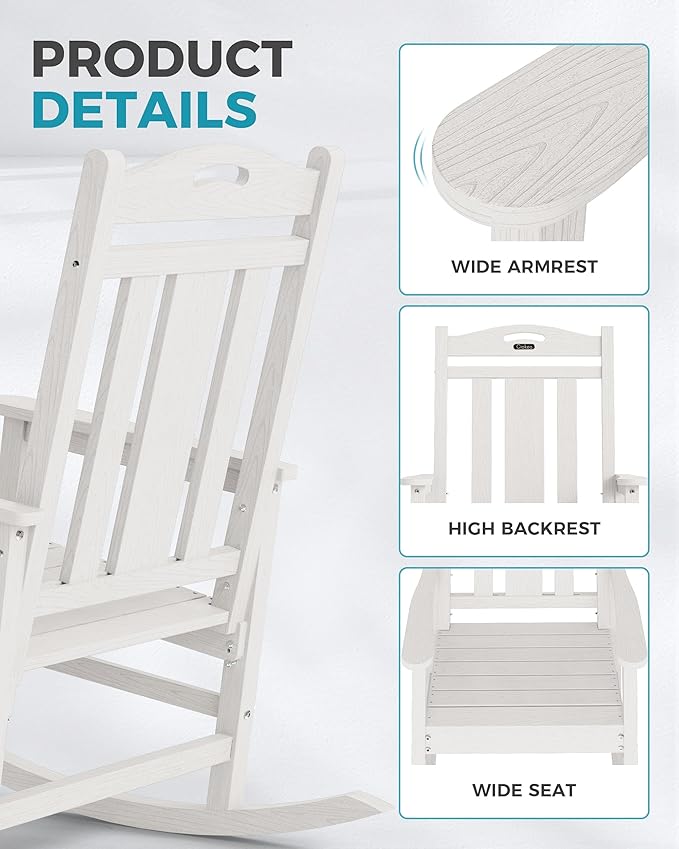 Ciokea Oversized Outdoor Rocking Chairs Set of 3, 380lbs Heavy-Duty Large Patio Rocker, High Back Cozy Porch Chairs, Weather Resistant Patio Rocking Chairs for Outside, Fire Pit, Deck, White