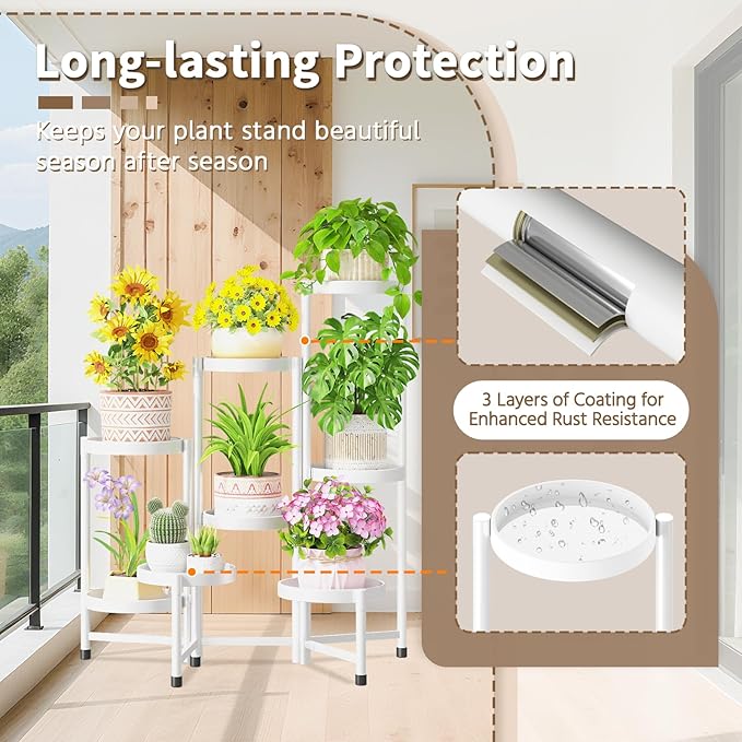 LASZOLA 8 Tiered Folding Tall Plant Stand Indoor for Multiple Large Planter, Heavy Duty Metal Adjustable Flower Rack for Narrow Corner, Sturdy Vertical Spiral Shelving Holder for Modern House, White