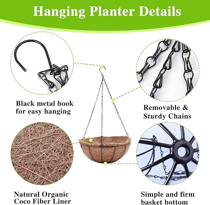 4 Pack Hanging Planter Basket Outdoor Large Hanging Flower Pots Indoor 12 inch with Coco Coir Liner Round Wire Plant Holder Chain Hanging Basket Garden for Home Decor Balcony Office1